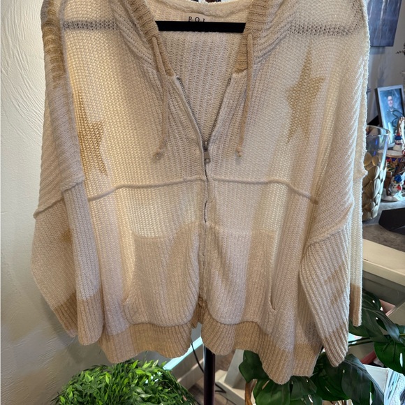 POL White/Tan Zip Up Hooded Sweater with Stars Size Medium NEVER WORN - Picture 11 of 16